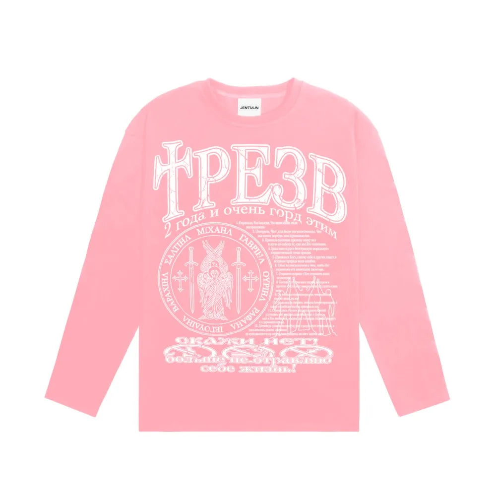 Oversized Men T-Shirt Streetwear Sober Graphic Print Autumn Hip Hop Korean Long Sleeve Y2k Tops Tees Cotton Unisex Clothing Goth