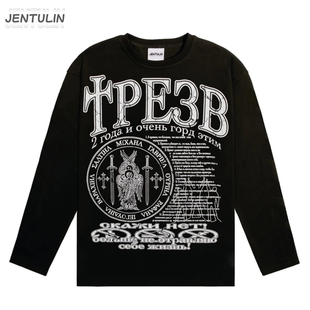 Oversized Men T-Shirt Streetwear Sober Graphic Print Autumn Hip Hop Korean Long Sleeve Y2k Tops Tees Cotton Unisex Clothing Goth