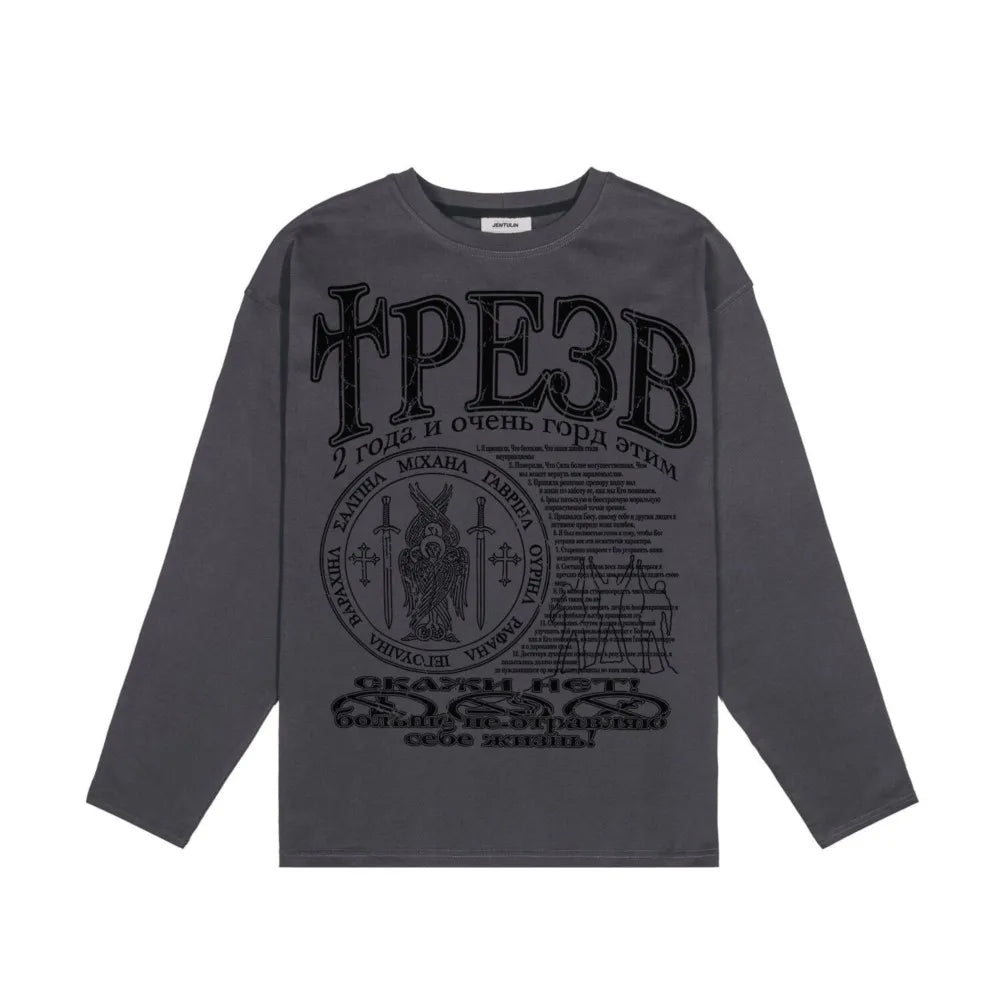 Oversized Men T-Shirt Streetwear Sober Graphic Print Autumn Hip Hop Korean Long Sleeve Y2k Tops Tees Cotton Unisex Clothing Goth