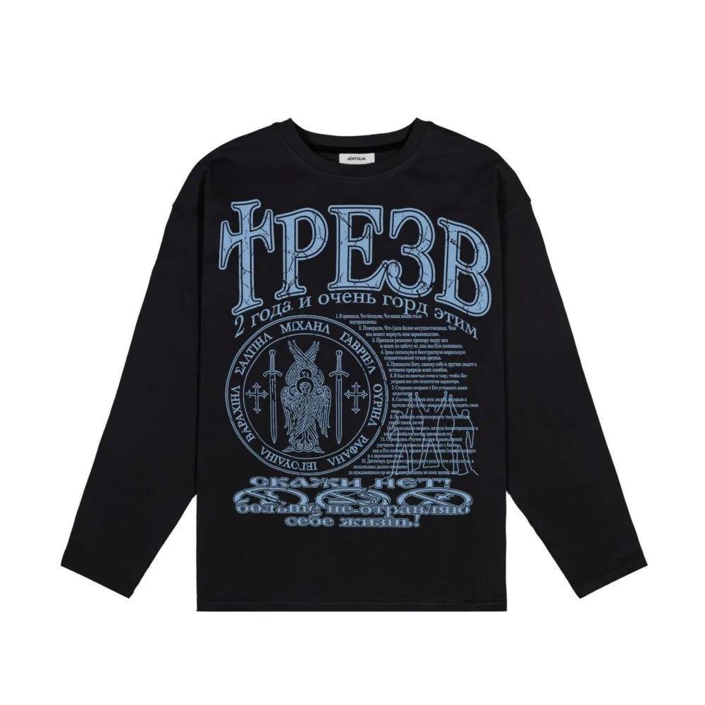 Oversized Men T-Shirt Streetwear Sober Graphic Print Autumn Hip Hop Korean Long Sleeve Y2k Tops Tees Cotton Unisex Clothing Goth