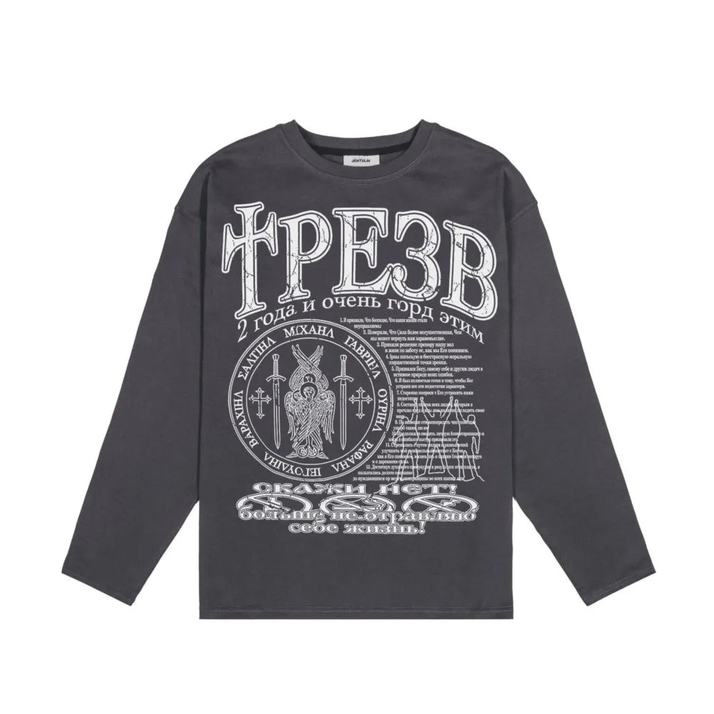 Oversized Men T-Shirt Streetwear Sober Graphic Print Autumn Hip Hop Korean Long Sleeve Y2k Tops Tees Cotton Unisex Clothing Goth