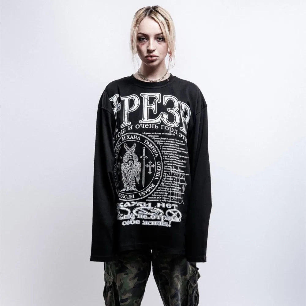 Oversized Men T-Shirt Streetwear Sober Graphic Print Autumn Hip Hop Korean Long Sleeve Y2k Tops Tees Cotton Unisex Clothing Goth