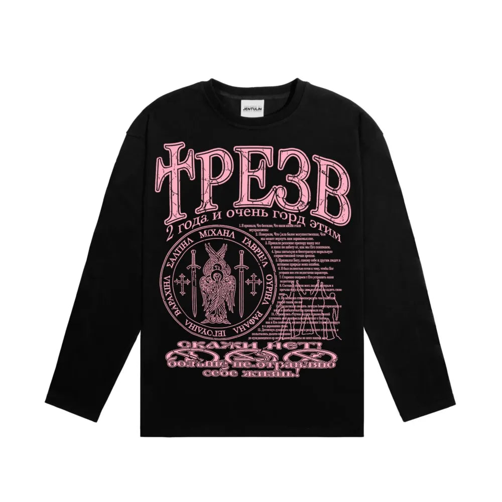 Oversized Men T-Shirt Streetwear Sober Graphic Print Autumn Hip Hop Korean Long Sleeve Y2k Tops Tees Cotton Unisex Clothing Goth