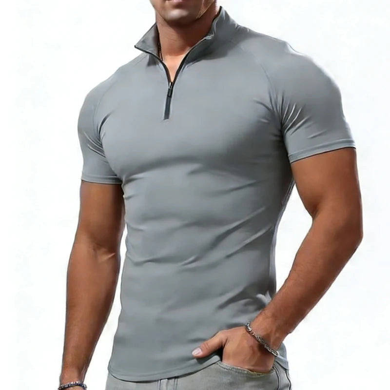 Compression T-shirt Men Summer Zipper Neck Male Tops Tee Gyms Fitness Tshirt Slim Fit Skinny Tigths Casual Fashion T Shirt Men