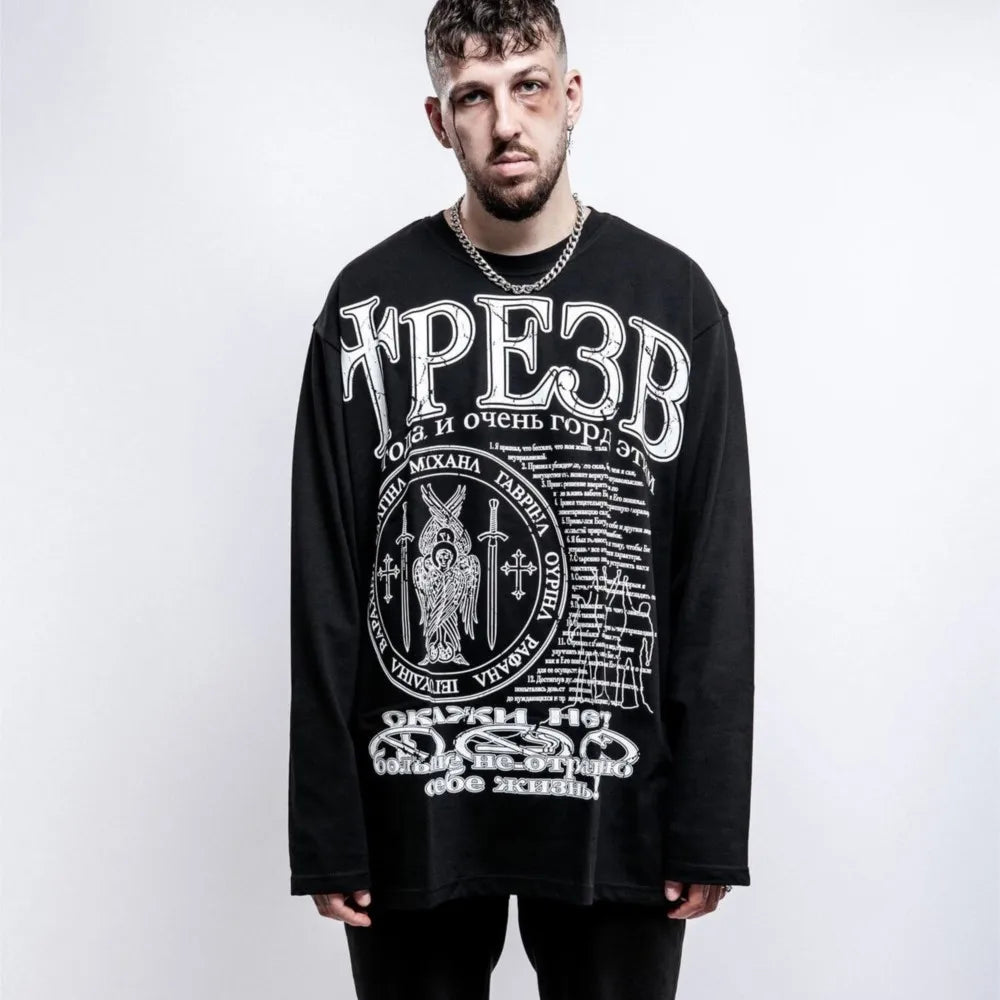 Oversized Men T-Shirt Streetwear Sober Graphic Print Autumn Hip Hop Korean Long Sleeve Y2k Tops Tees Cotton Unisex Clothing Goth