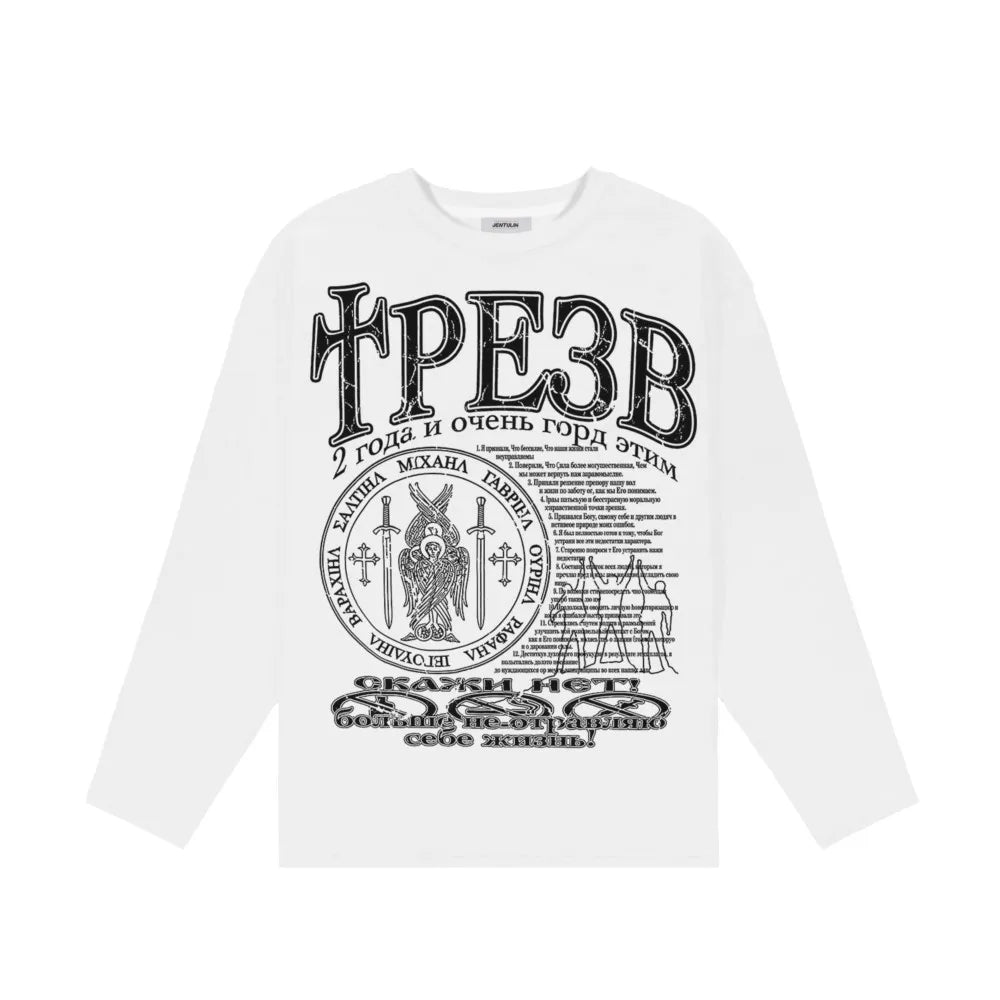 Oversized Men T-Shirt Streetwear Sober Graphic Print Autumn Hip Hop Korean Long Sleeve Y2k Tops Tees Cotton Unisex Clothing Goth