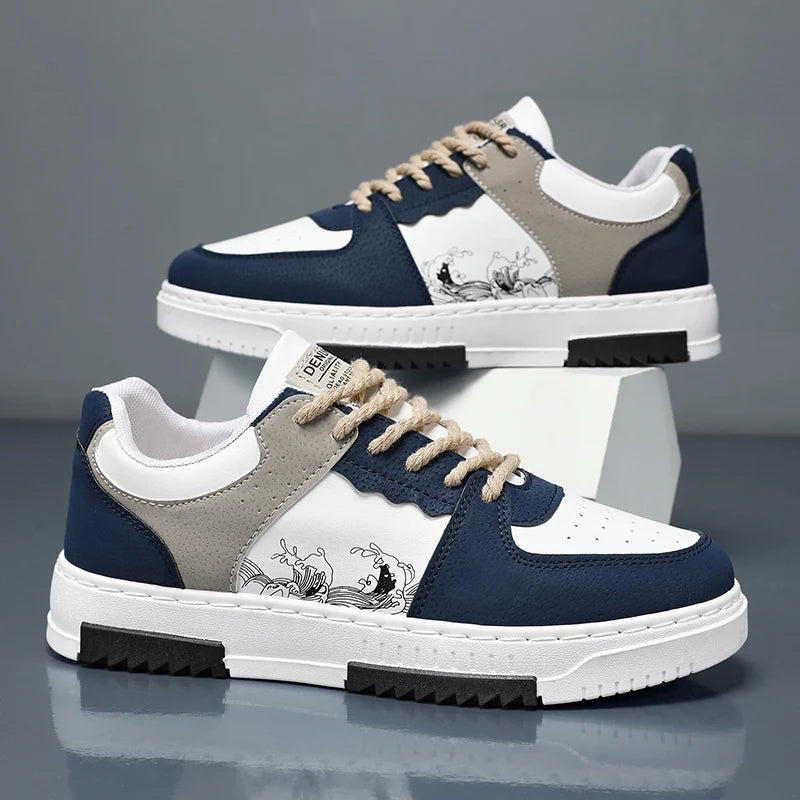 Men's street-style skate shoes, non-slip lace-up thick-soled casual sneakers, comfortable outdoor walking footwear for men