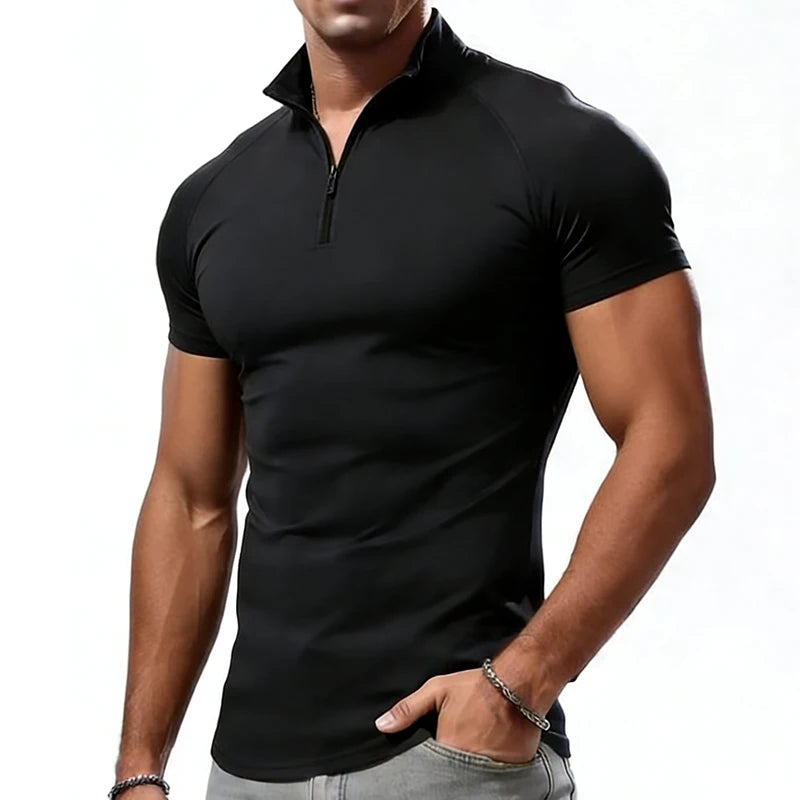 Compression T-shirt Men Summer Zipper Neck Male Tops Tee Gyms Fitness Tshirt Slim Fit Skinny Tigths Casual Fashion T Shirt Men