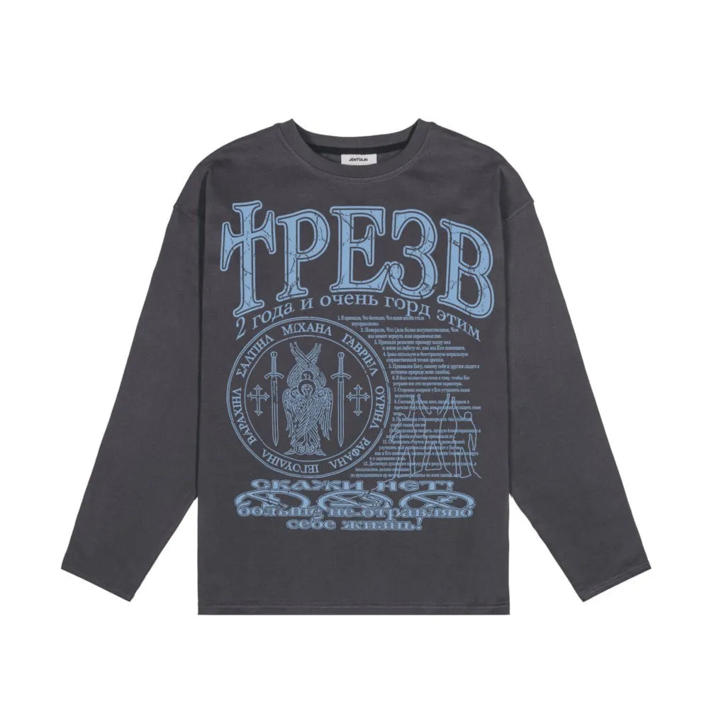 Oversized Men T-Shirt Streetwear Sober Graphic Print Autumn Hip Hop Korean Long Sleeve Y2k Tops Tees Cotton Unisex Clothing Goth