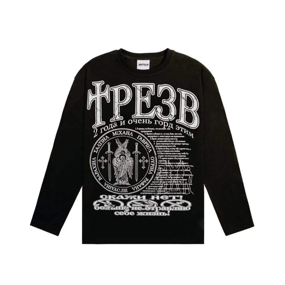Oversized Men T-Shirt Streetwear Sober Graphic Print Autumn Hip Hop Korean Long Sleeve Y2k Tops Tees Cotton Unisex Clothing Goth