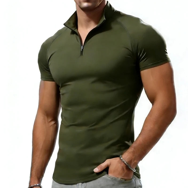 Compression T-shirt Men Summer Zipper Neck Male Tops Tee Gyms Fitness Tshirt Slim Fit Skinny Tigths Casual Fashion T Shirt Men