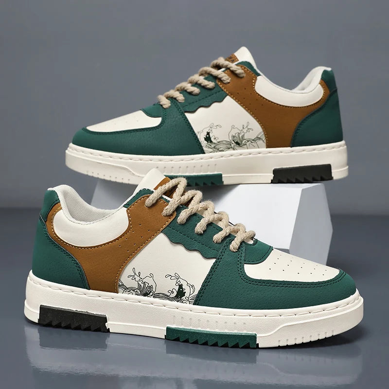 Men's street-style skate shoes, non-slip lace-up thick-soled casual sneakers, comfortable outdoor walking footwear for men